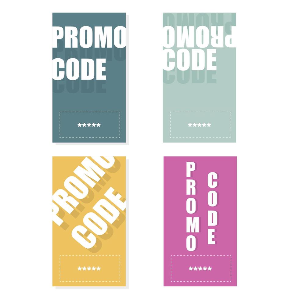 Promo code, coupon. Flat vector set of cards design on white background.