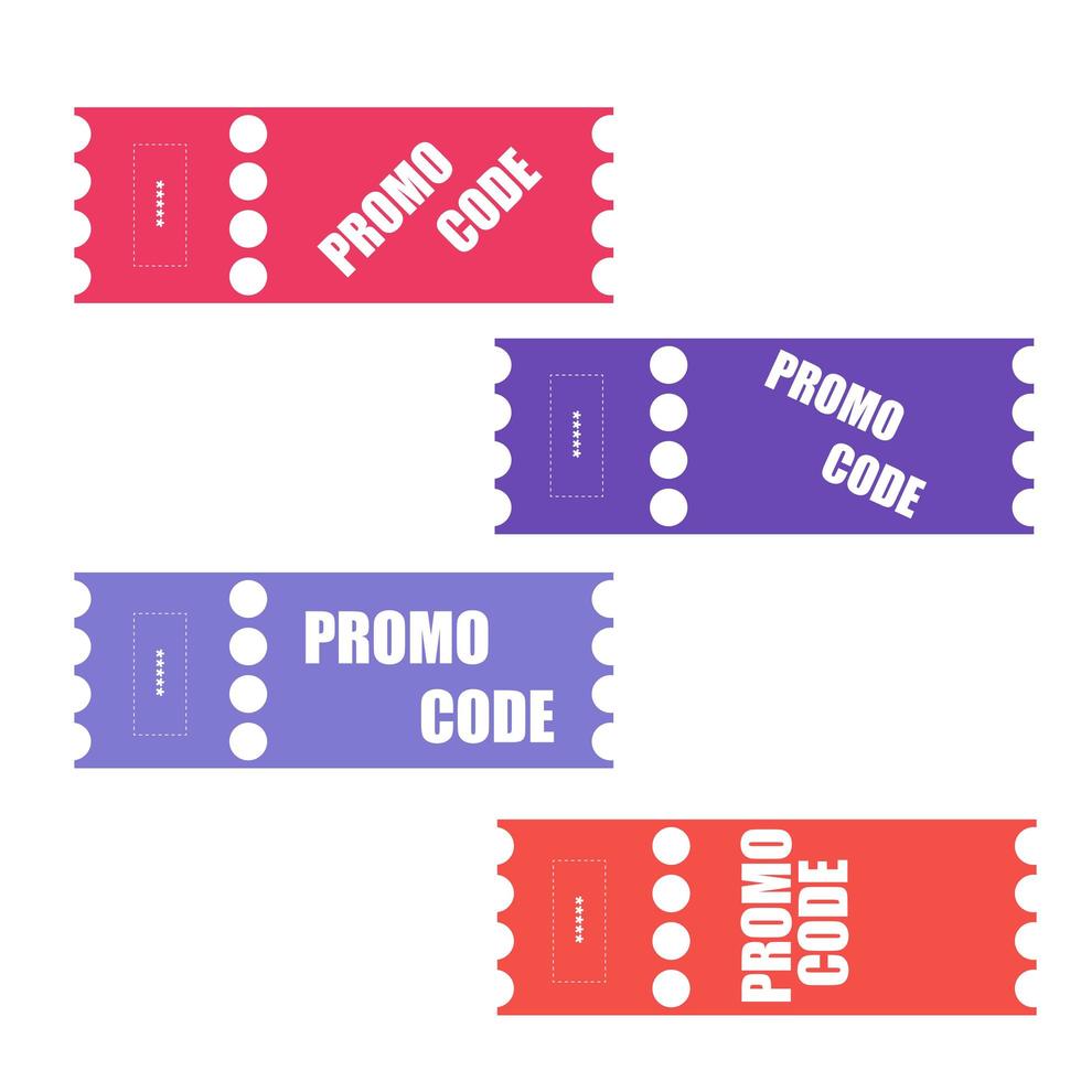 Promo code, coupon code. Flat vector set of tickets design illustration