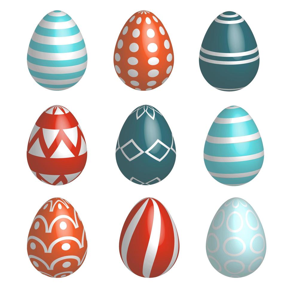 Set of nine realistic colorful vector Easter eggs with simple pattern and shadow