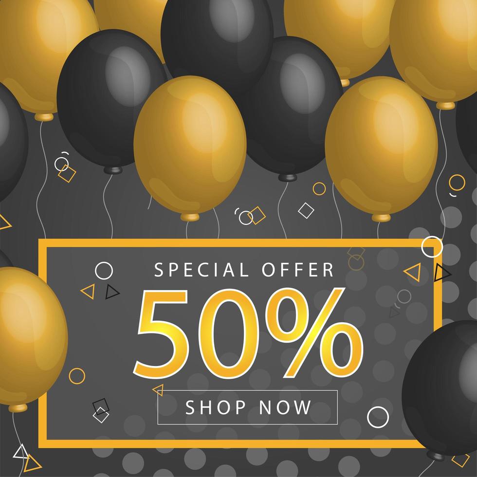 Sale Poster with shiny balloons on dark Background with golden, glitter frame vector