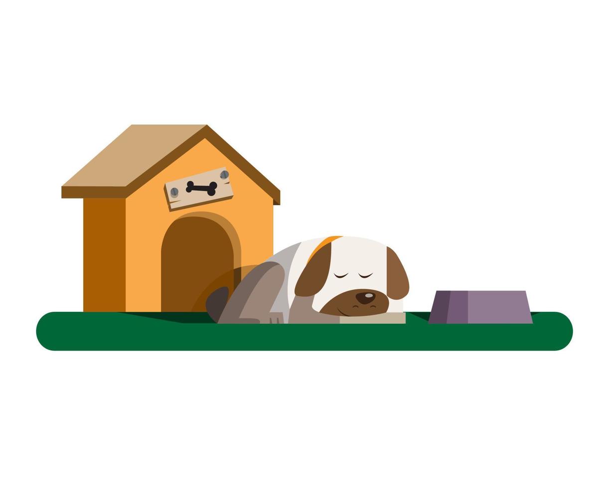 sueño de perro y casa de perro, vector de diseño plano de dibujos animados de perro perezoso