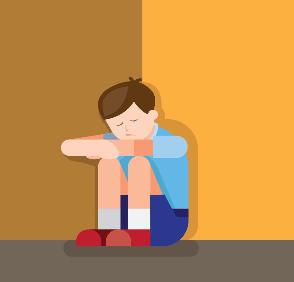 school boy sad, crying and depression flat illustration vector