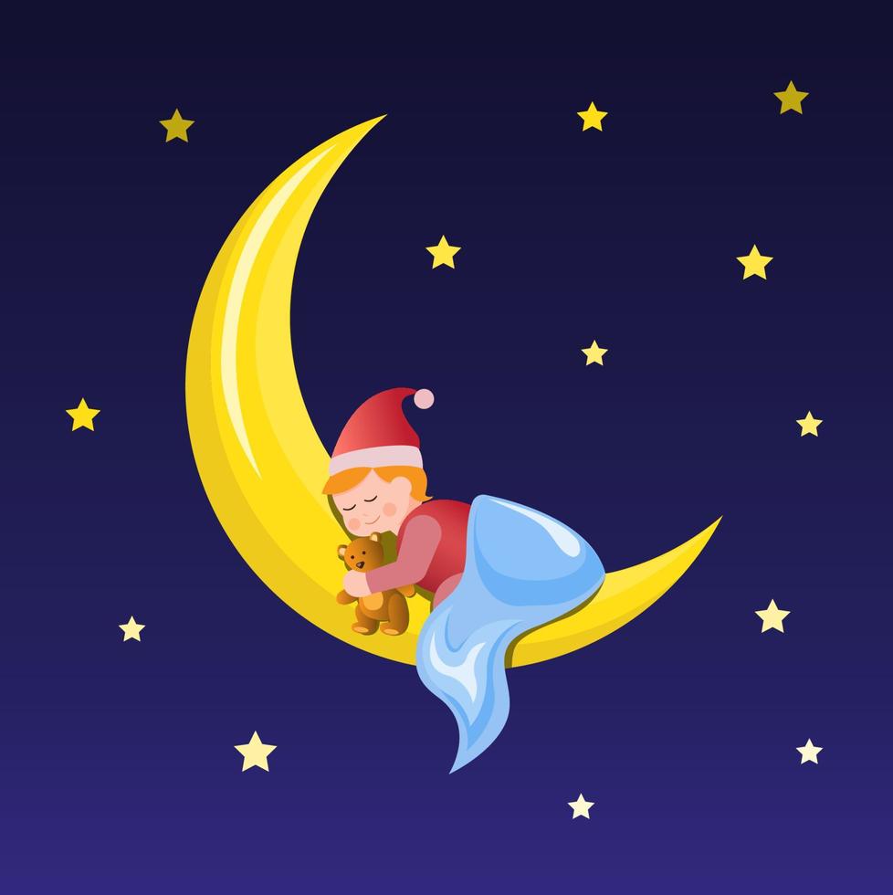 bebé duerme en la luna creciente con vector de ilustración de muñeca