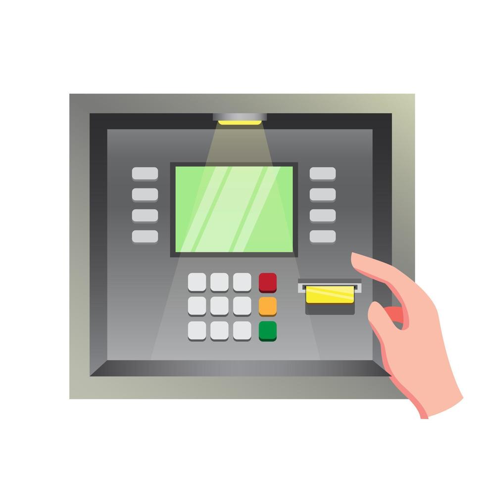 cajero automático con mano humana, vector de ilustración de dibujos animados plano realista de transacción bancaria