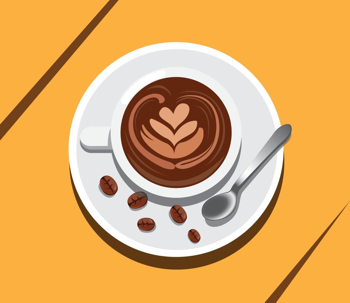 una taza de café con leche con café en grano y una cuchara. vector de ilustración de concepto