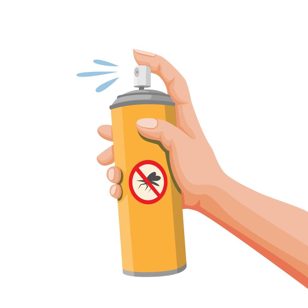mano que sostiene el aerosol de control de plagas, lata de aerosol repelente de mosquitos. vector de ilustración de dibujos animados de concepto sobre fondo blanco