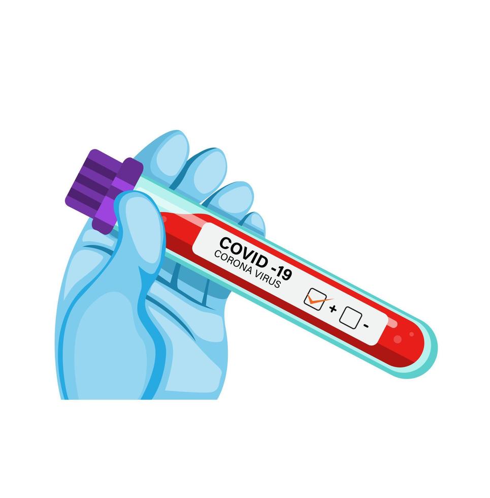 hand wear glove holding blood test tube with covid - 19 code for corona virus in cartoon flat illustration vector isolated in white background