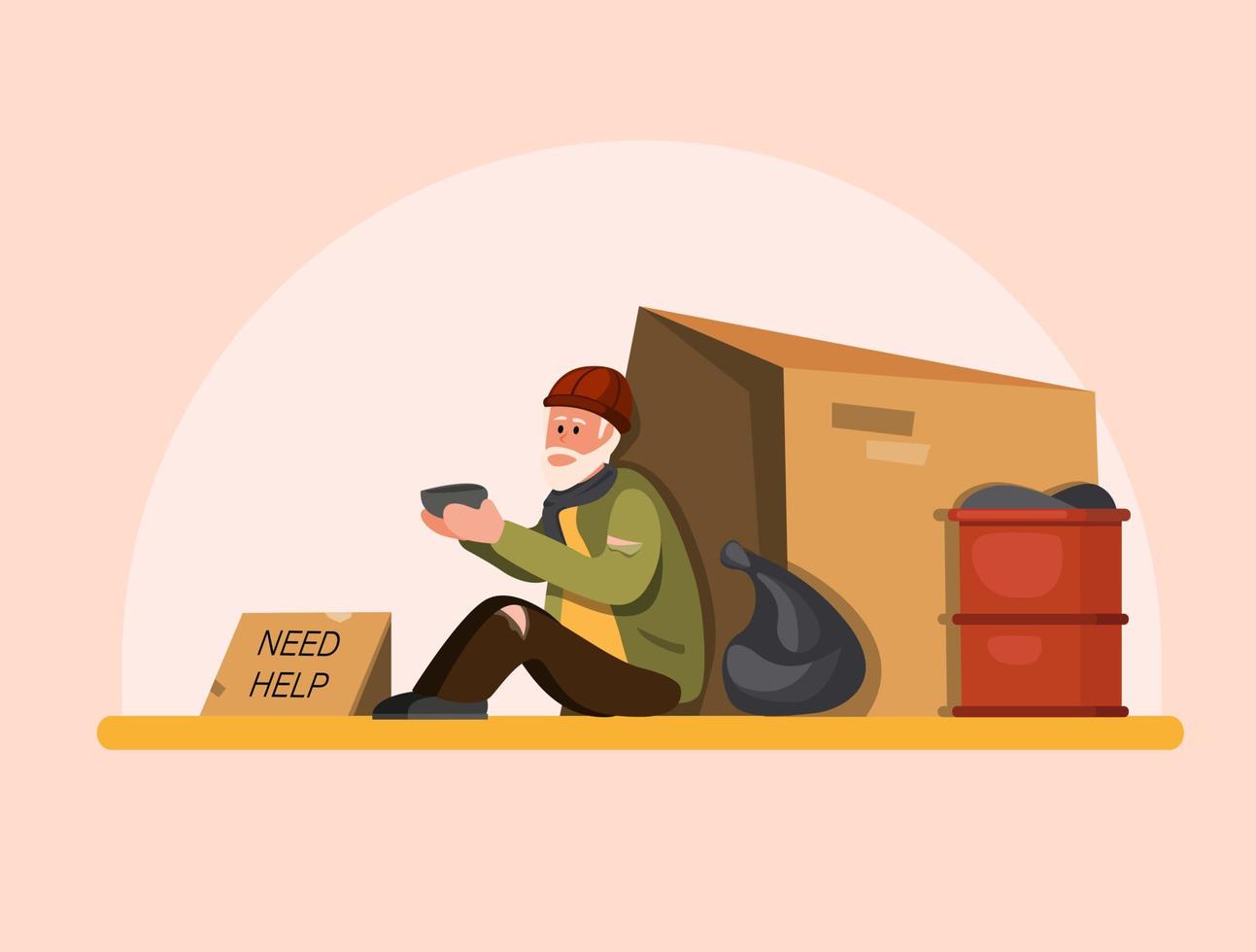 Homeless people need help, poor old man sitting in street waiting people to help. cartoon flat illustration vector