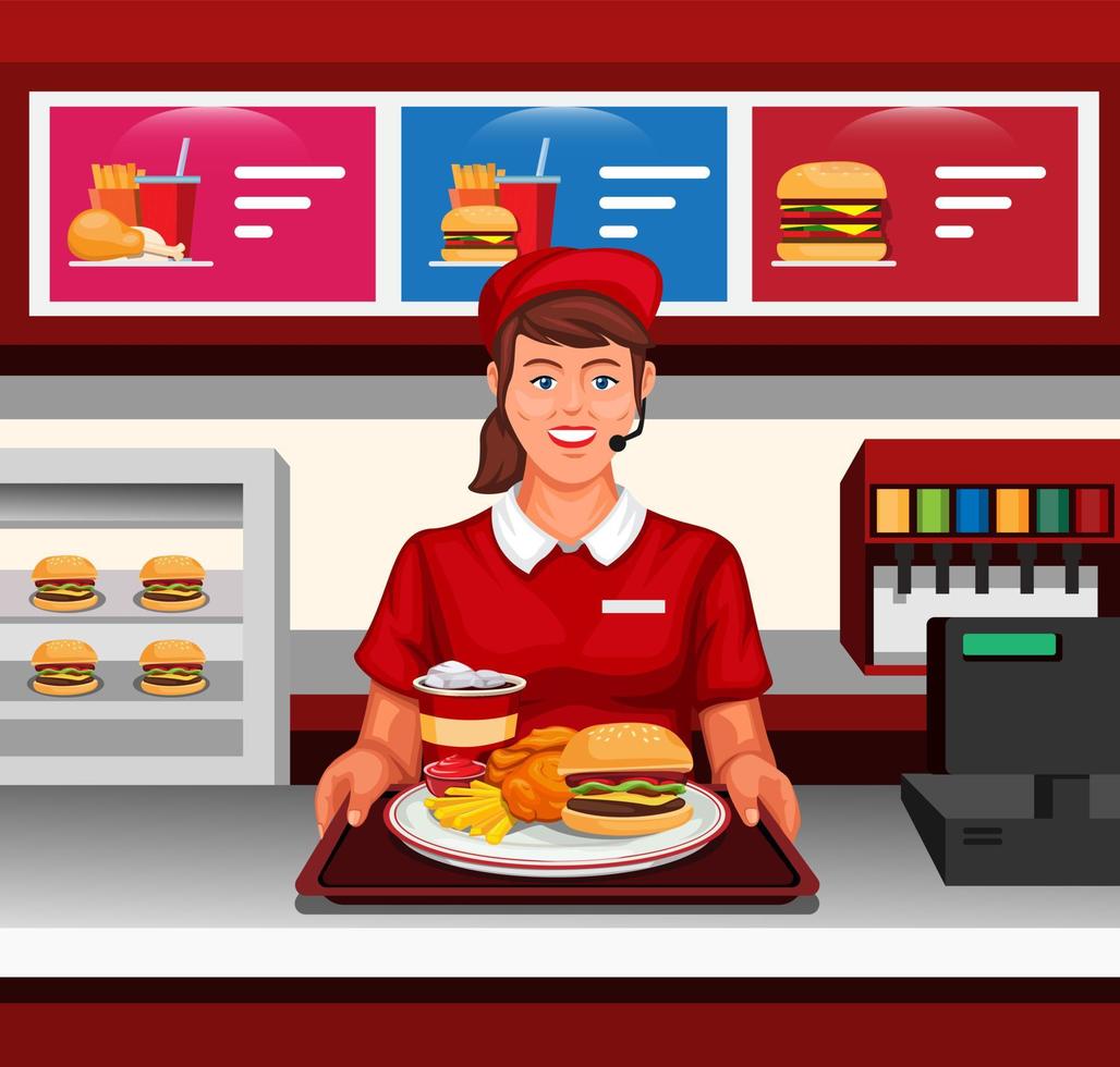 Girl fast food restaurant work served order to customer concept in