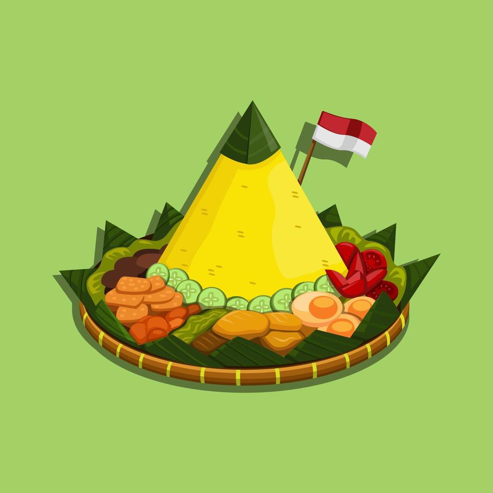 nasi tumpeng es un plato de arroz en forma de cono de Indonesia con guarniciones de verduras y carne de la cocina javanesa de Indonesia. vector de ilustración de dibujos animados