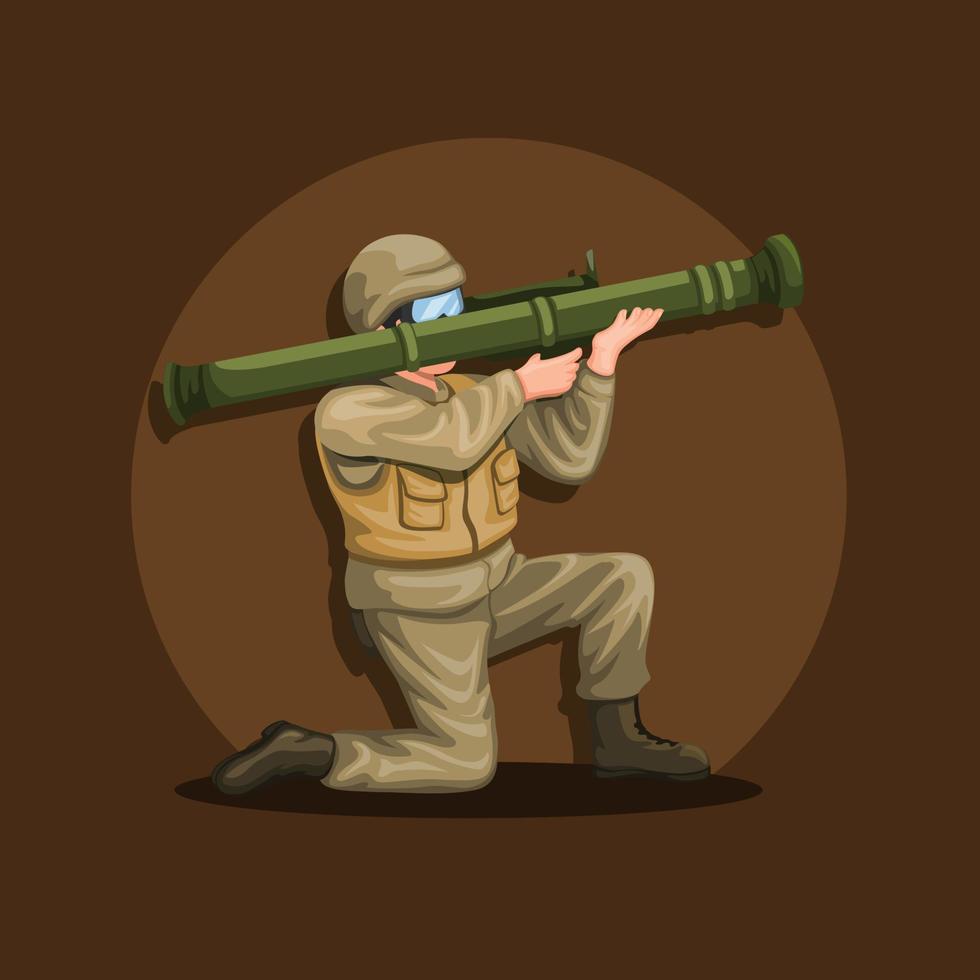 soldado en cuclillas sosteniendo lanzacohetes antitanque. Concepto de personaje de tropas militares en vector de ilustración de dibujos animados