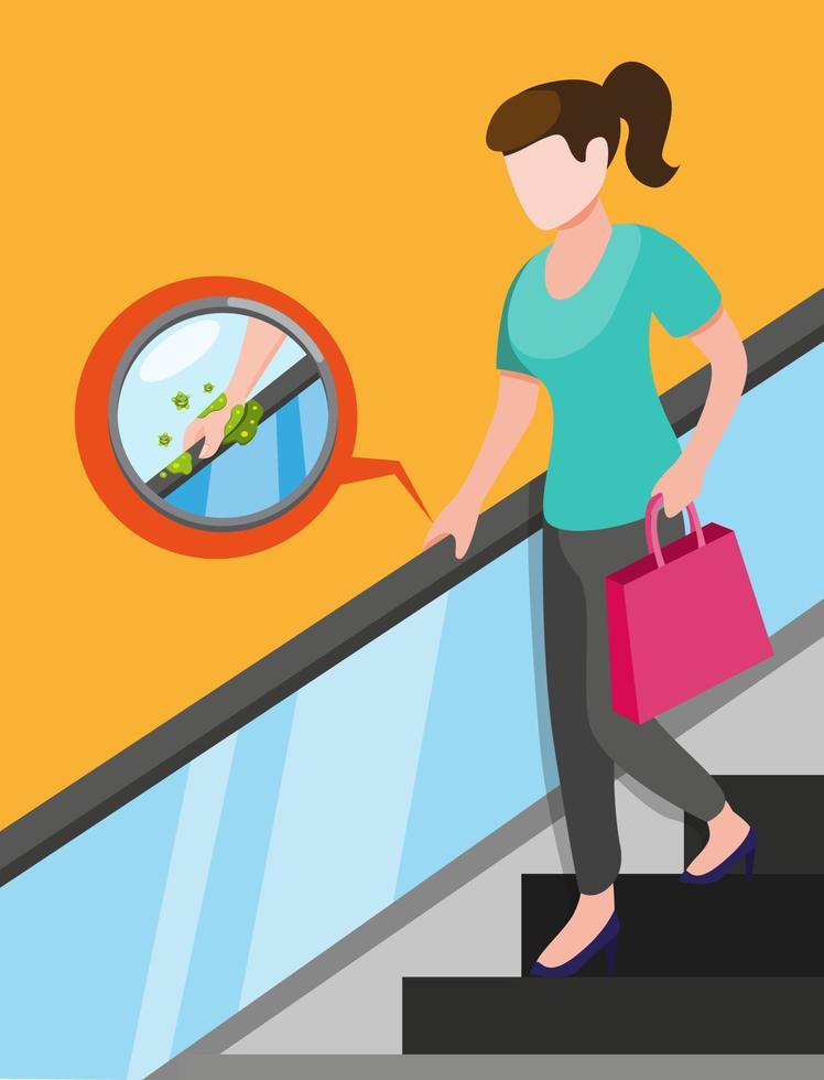 girl in escalator with bacteria virus in handle, virus transmission in public area in cartoon illustration vector