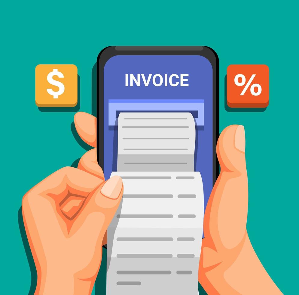 Hand holding smartphone with invoice bill. mobile payment concept in cartoon illustration vector