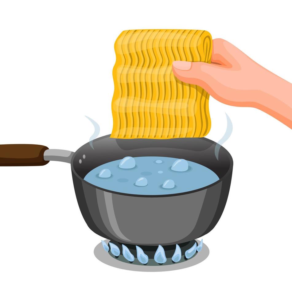 Ponga los fideos a mano en agua hirviendo en una sartén. Símbolo de instrucción de comida de fideos instantáneos de cocina vector