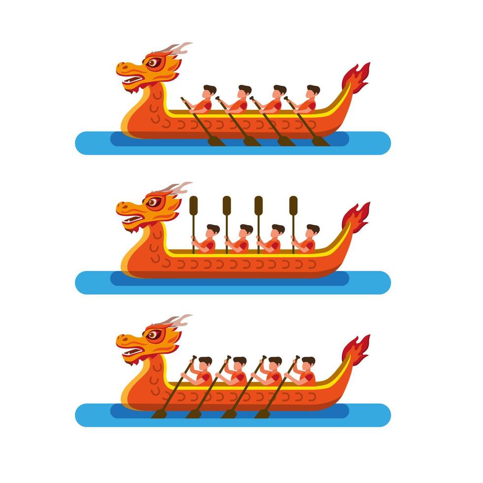 Carreras de botes de dragón en el conjunto de iconos del festival chino. vector de ilustración plana de dibujos animados aislado en fondo blanco