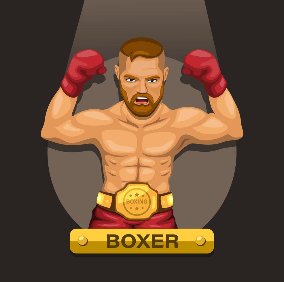 Boxer, boxing athlete with champion belt on chest character concept in cartoon illustration vector