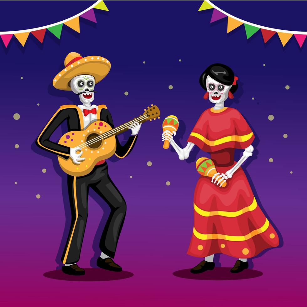 festival de la muerte con pareja tocando instrumentos musicales, guitarra y maracas. vector de ilustración de festival tradicional de méxico
