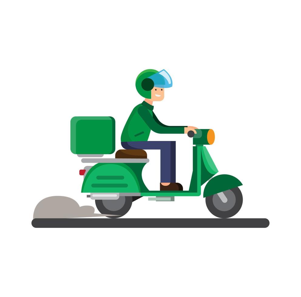 icono del concepto de entrega con mensajero rinding motocicleta de envío verde, motociclista de hombre en casco montando vector de ilustración de motocicleta verde