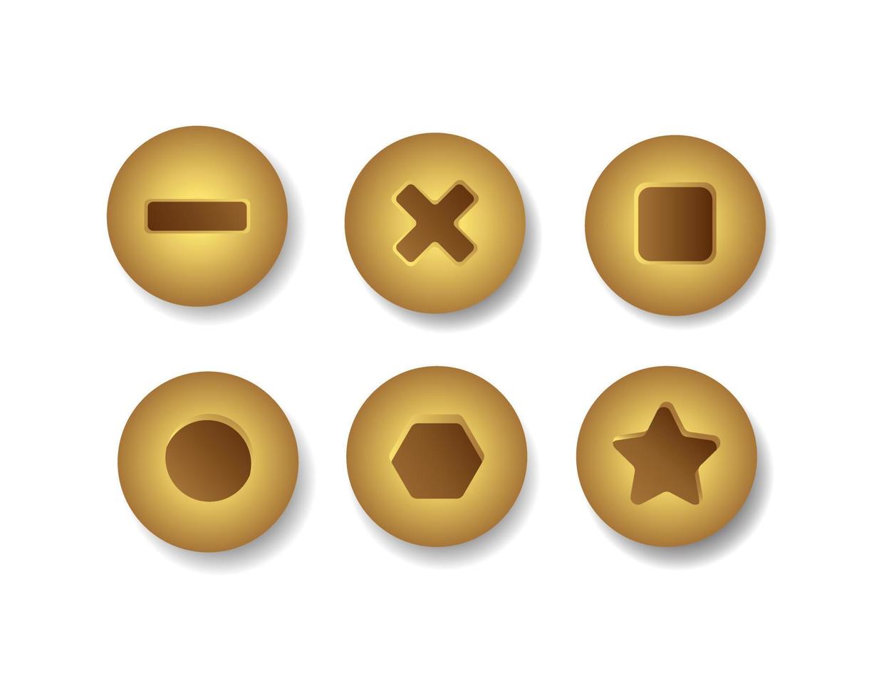 top view of variation of gold or bronze screw head icon set realistic illustration vector