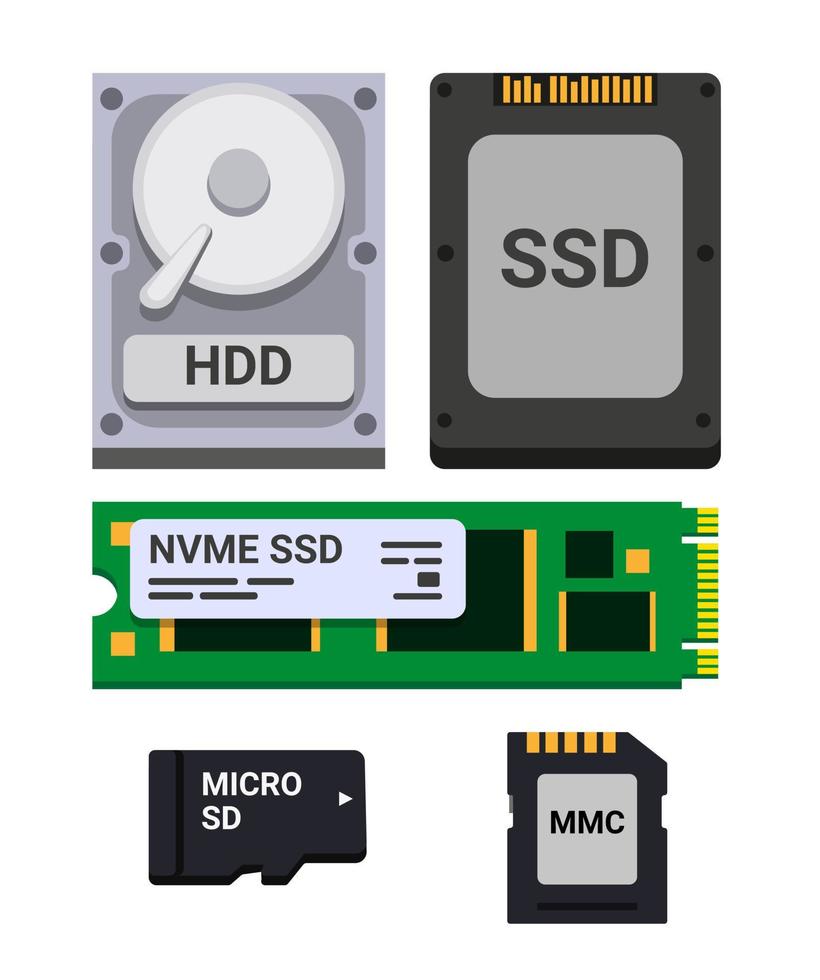 conjunto de iconos de colección de almacenamiento de computadora, hdd, ssd y micro sd. vector de ilustración de estilo plano aislado en fondo blanco