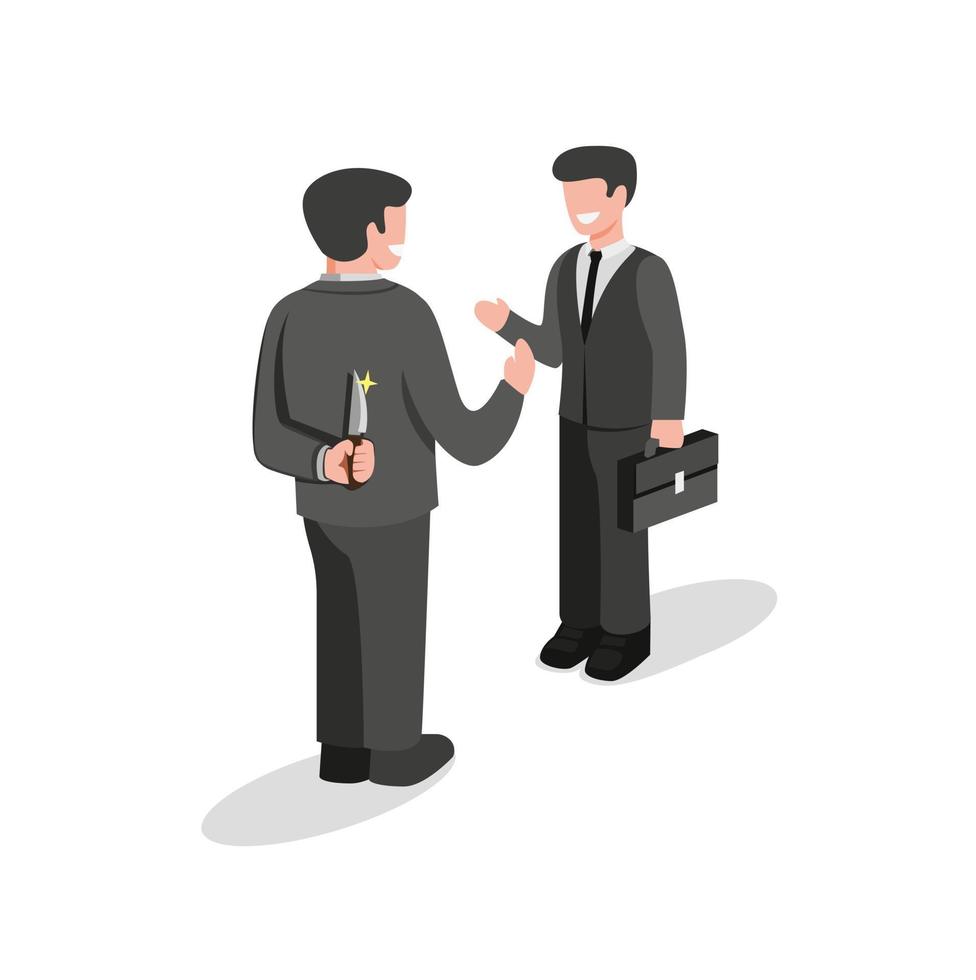 two business man standing and but first one holding knife behind back to backstab. hiding killer concept in cartoon flat illustration vector