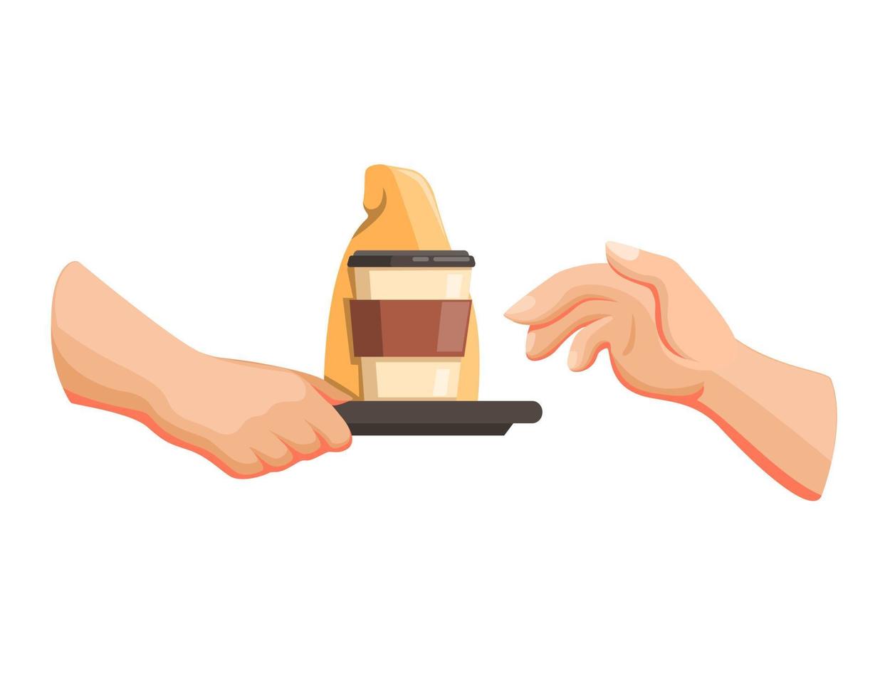 Hand giving order to customer at drive thru or fast food restaurant in cartoon illustration vector on whtie background