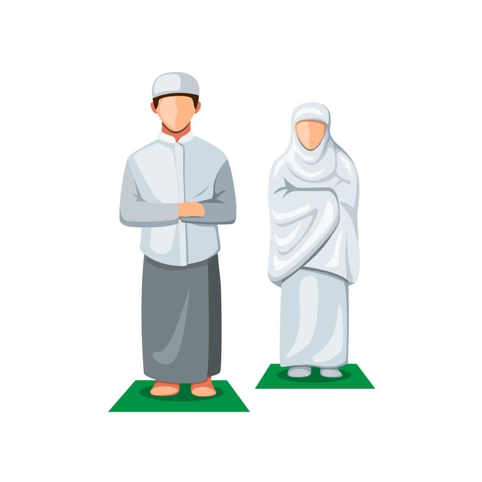 Muslim people praying in front view. couple people pray aka shalat wearing sarong and hijab in islam religion in cartoon illustration vector isolated on white background