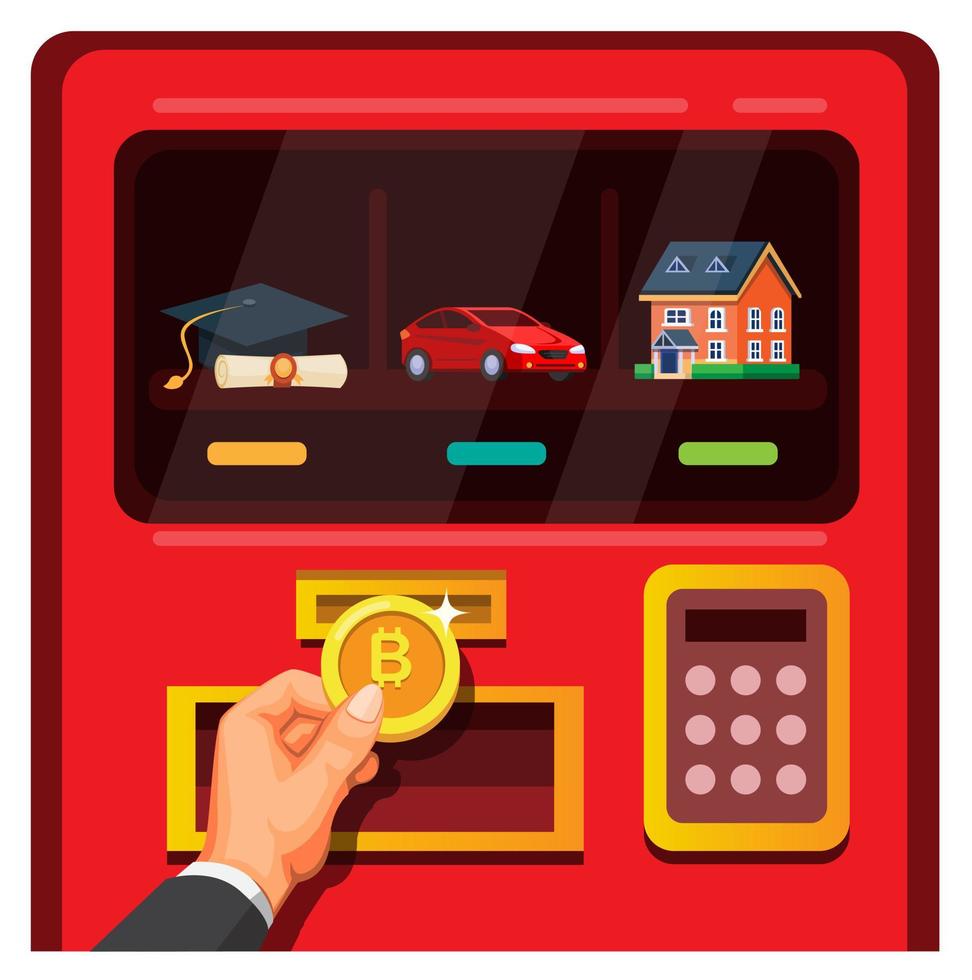 Businessman insert Bitcoin to Vending machine with Academic, Car and Property symbol in cartoon illustration vector