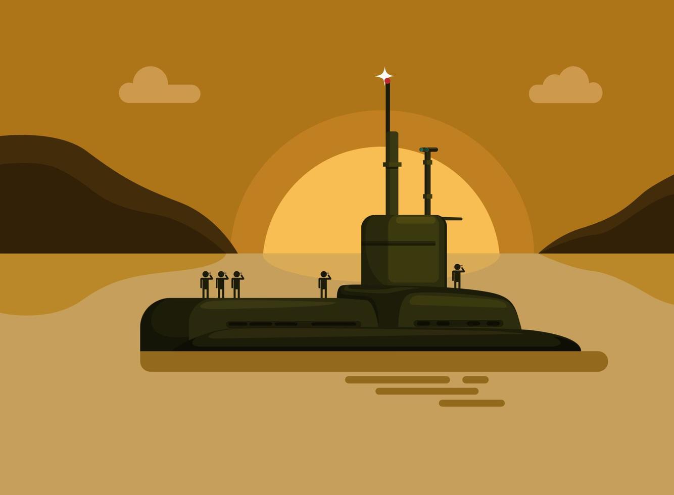 submarino con la puesta de sol de la isla del mar del soldado de la marina. vector de ilustración de dibujos animados de buque de guerra militar