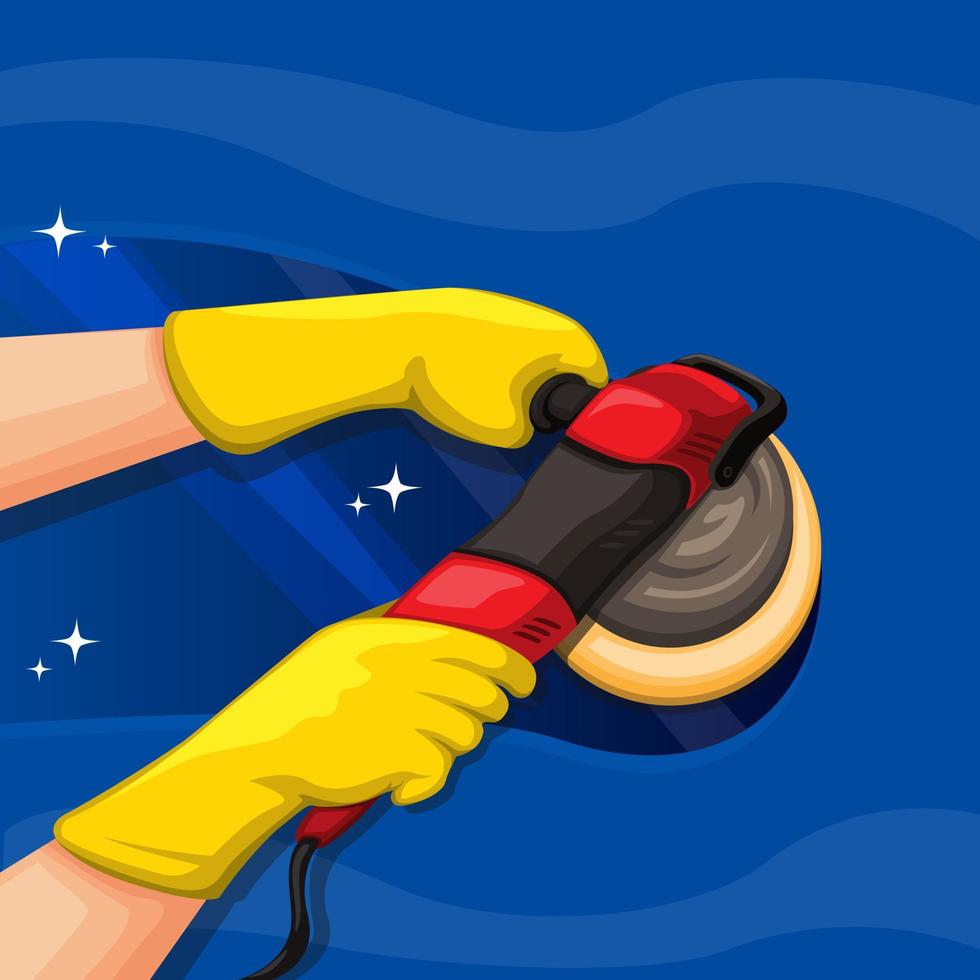 Hand holding car polishing machine. car clean and paint detailing symbol concept in cartoon illustration vector