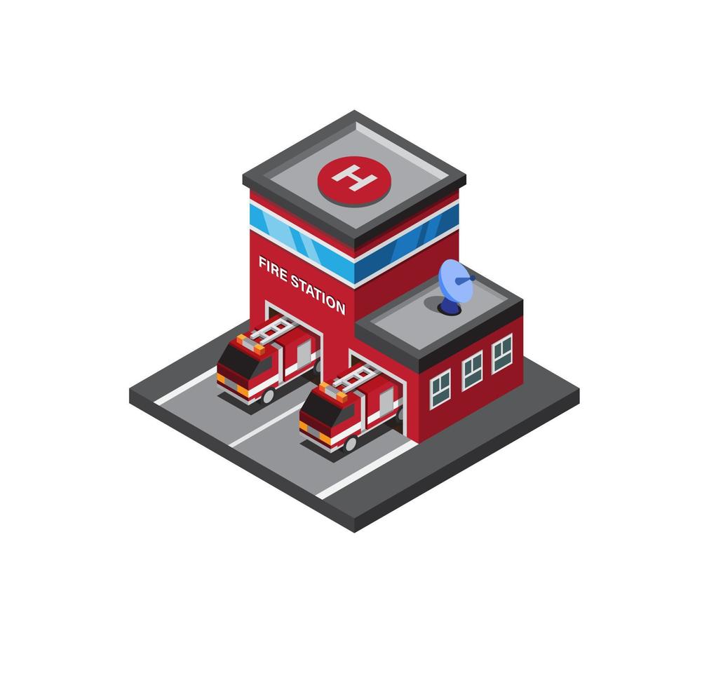 fire station, fire fighter rescue building with fire truck with white background isometric illustration editable vector
