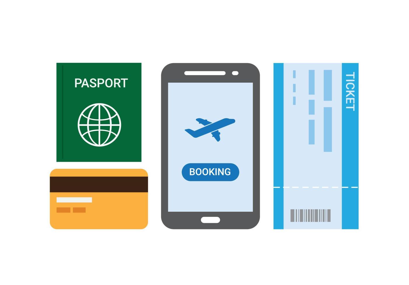 Travel airline ticket mobile booking flat illustration vector icon set