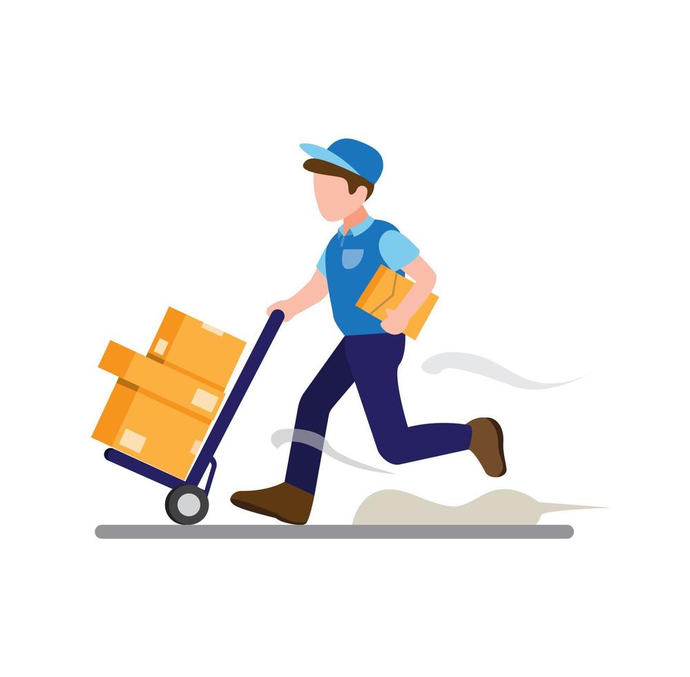 courier boy running rushing with trolley package, delivery service cartoon flat illustration vector