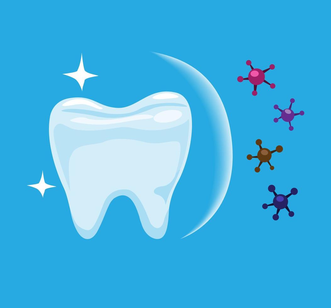 Protección de los dientes contra las bacterias, vector de ilustración plana de dibujos animados de cuidado dental de dientes sanos en fondo azul