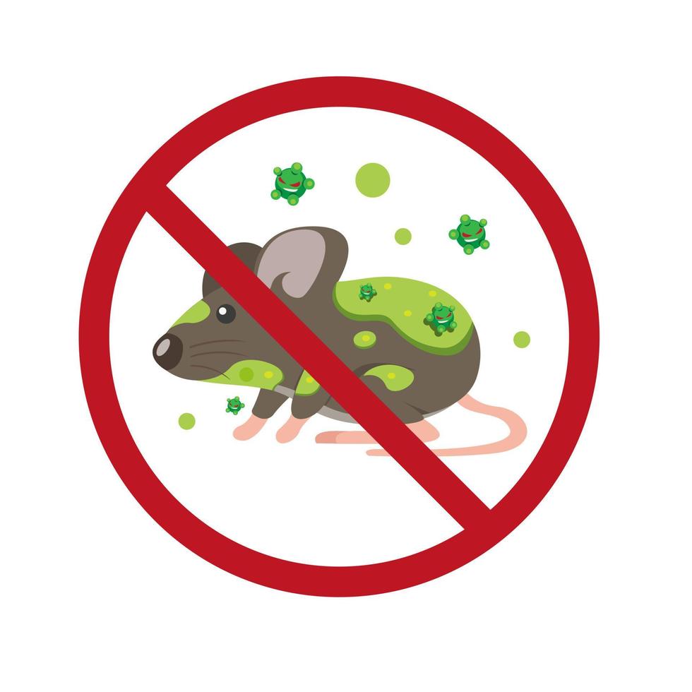 rat with virus transmision warning symbol, stop hantavirus infection disease in cartoon flat illustration vector isolated in white background