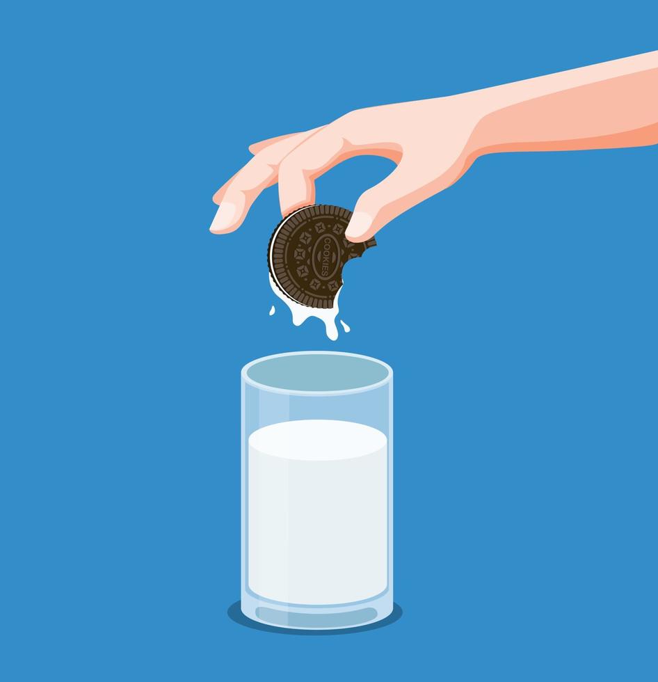 Cookies sandwich chocolate with milk, hand dipping cookies to fresh milk in cartoon flat illustration vector in blue background
