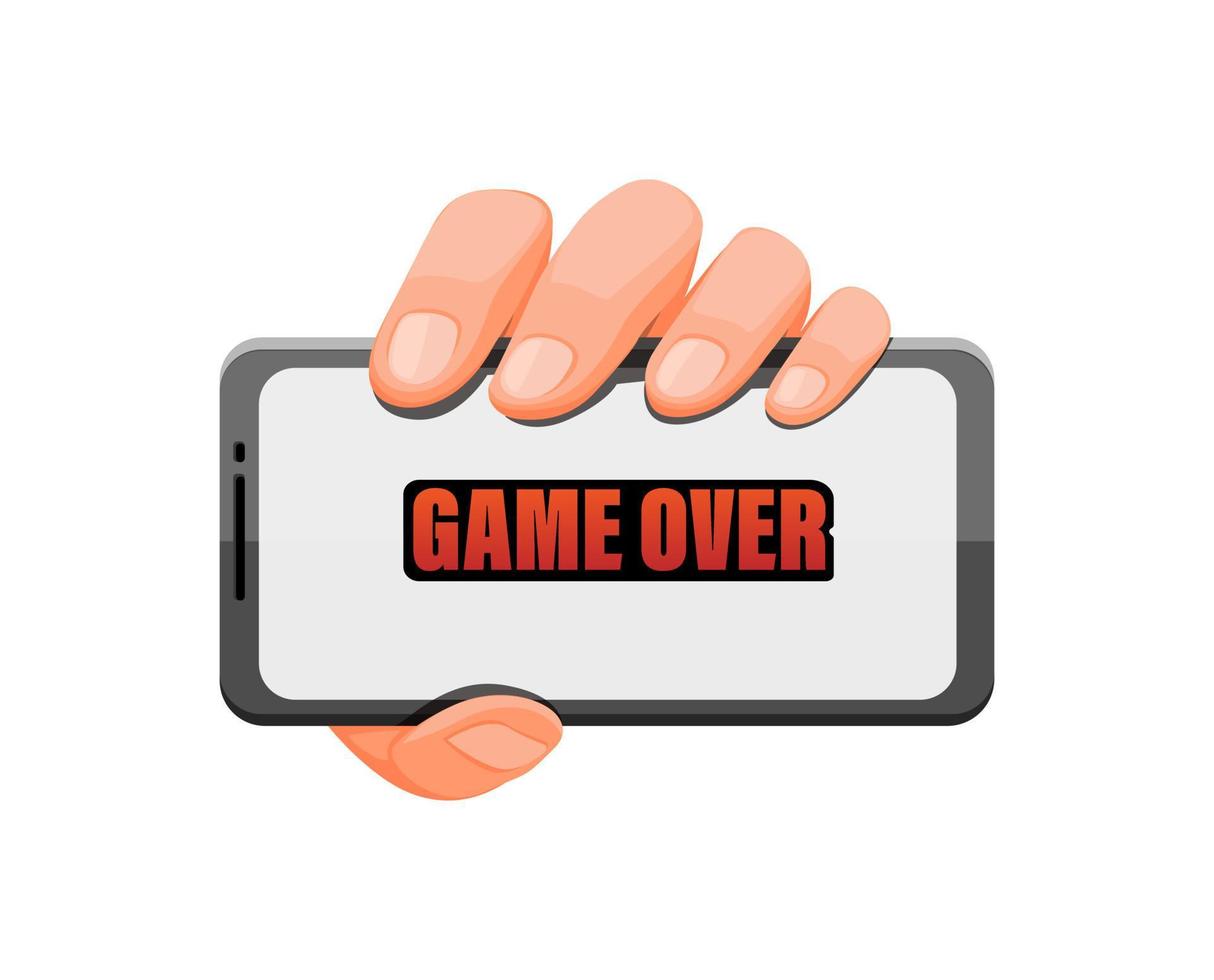 hand holding smartphone with game over symbol for gaming app concept in cartoon illustration vector
