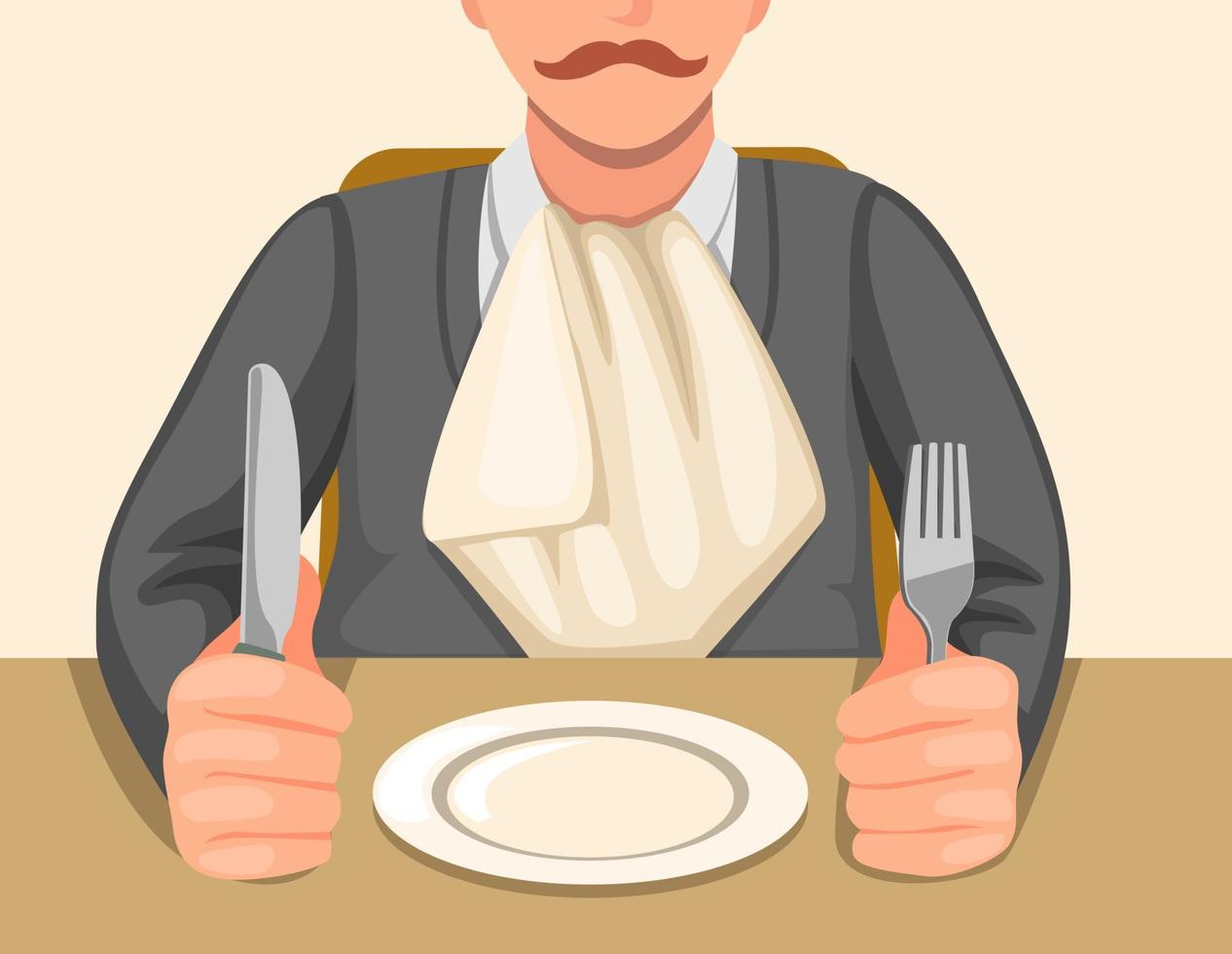 hombre con servilleta metida en el cuello sentado en la mesa sosteniendo cuchillo y tenedor listo para comer en vector de ilustración de dibujos animados