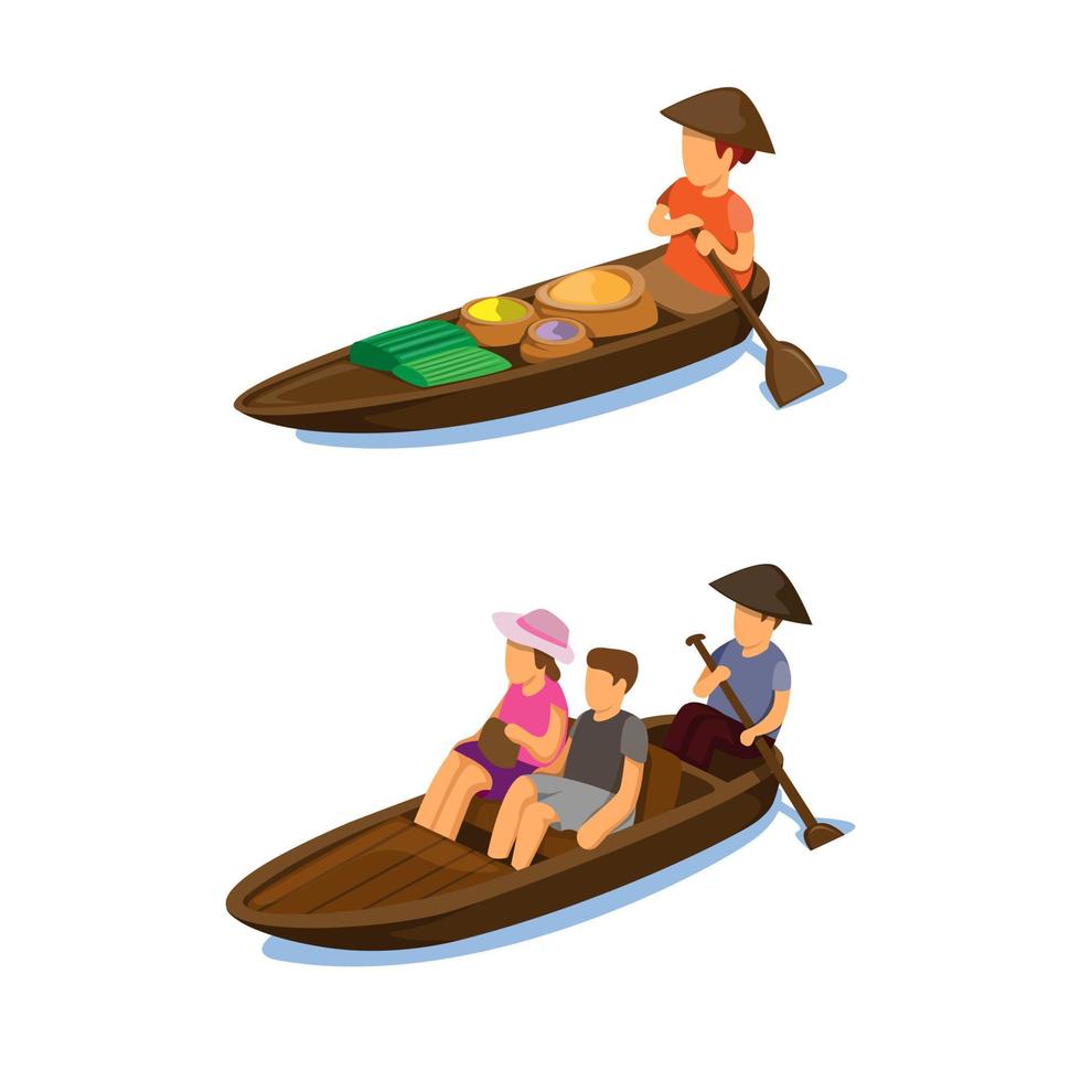 mercado flotante tradicional. Mujer vendiendo comida y transporte turístico en concepto de símbolo de barco en vector de ilustración de dibujos animados sobre fondo blanco.