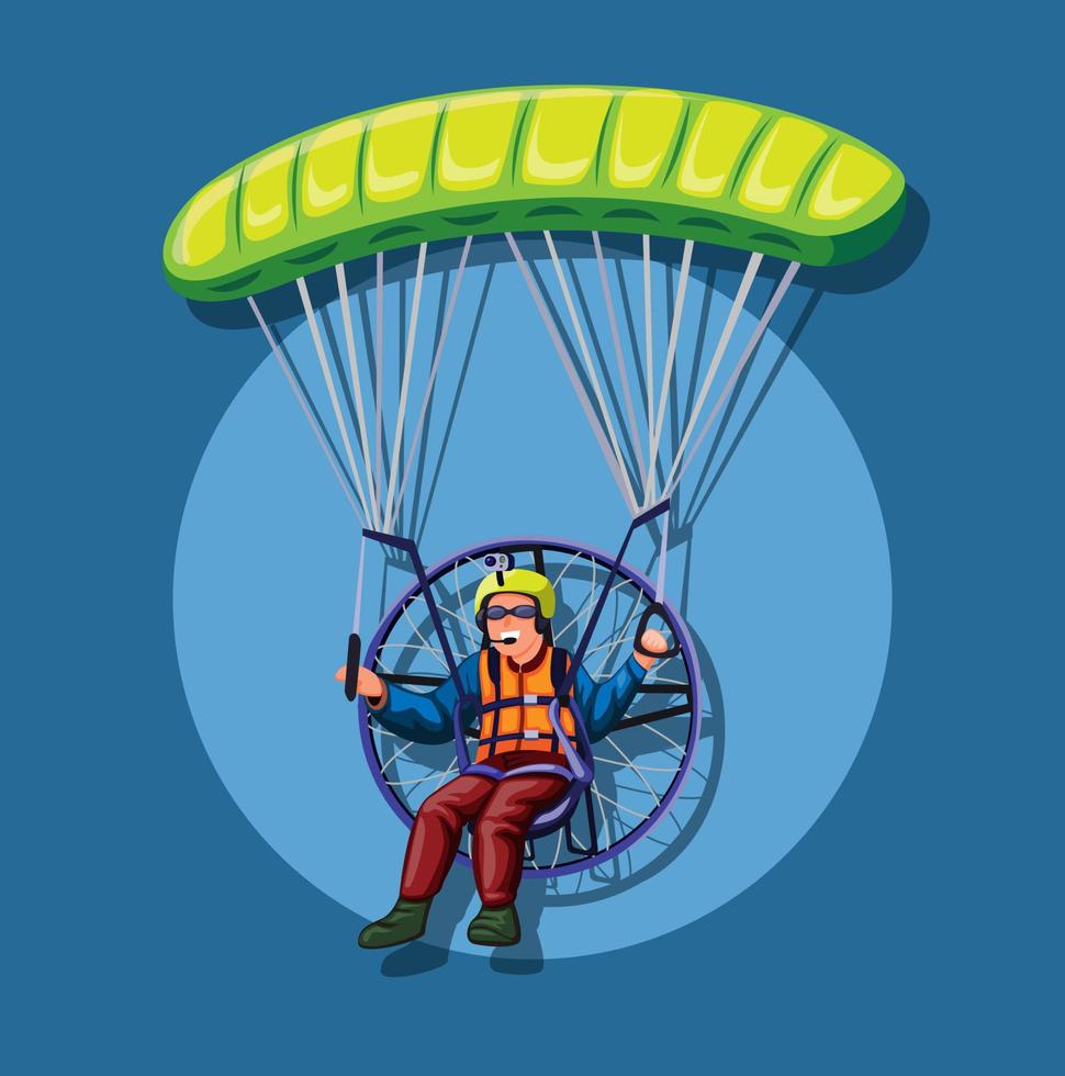 Powered paragliding, man fly in parachute with engine concept in cartoon illustration vector
