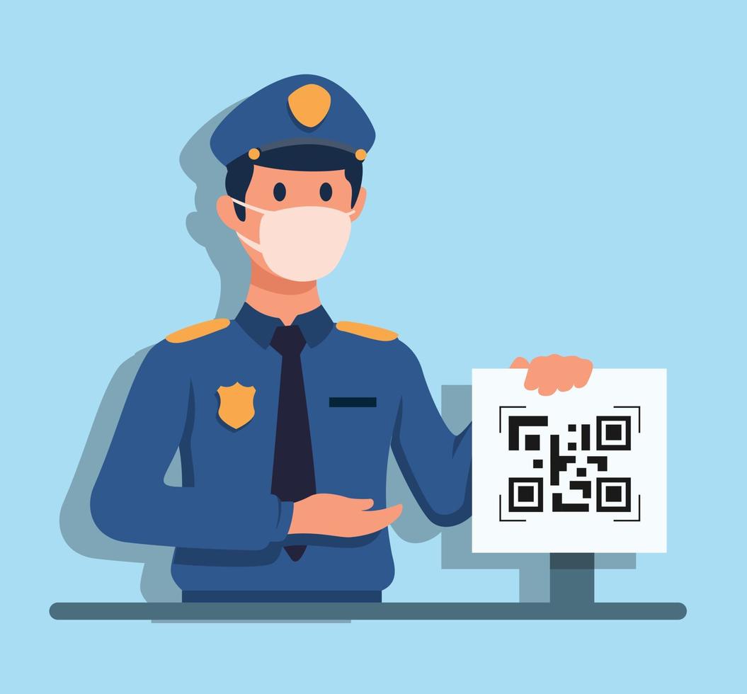 Seguridad policial con máscara con protocolo de aplicación de vacuna de placa de código qr en vector de ilustración de pandemia