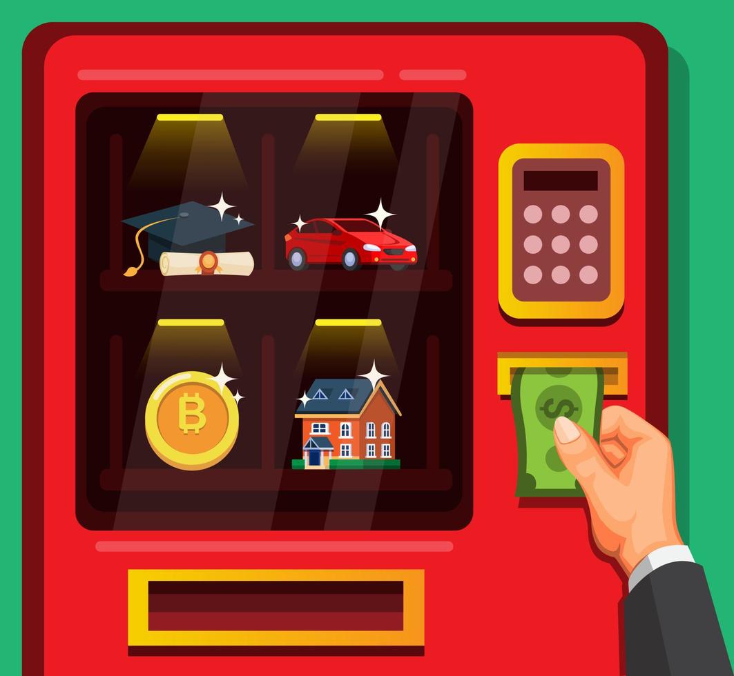 businessman insert money to buy asset in vending machine concept in cartoon illustration vector