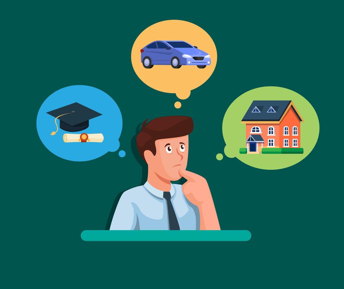 Man confusing to choose house, car or academic in financial planning management symbol in cartoon illustration vecto vector
