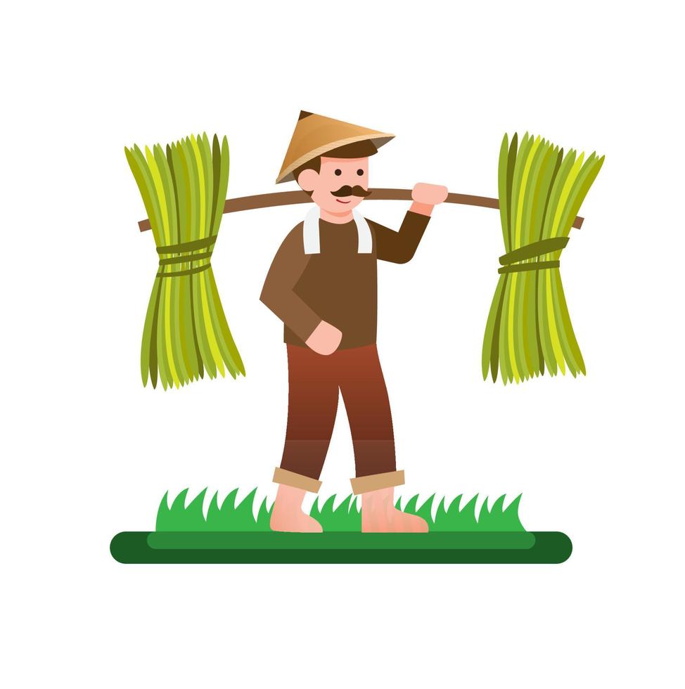 farmer carries long pole on his shoulders with yields rice, harvest, character flat vector