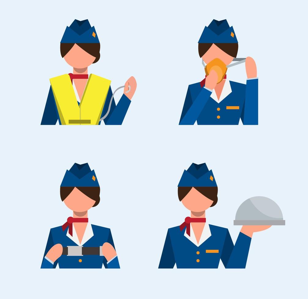 Conjunto de iconos de asistente de vuelo, instrucciones de seguridad, vector de ilustración plana