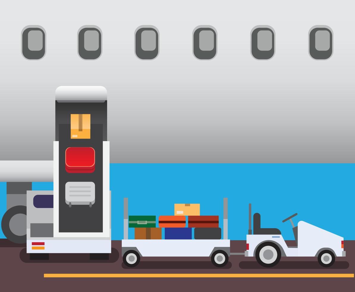 airport conveyor truck loading bags to airplane in flat illustration vector