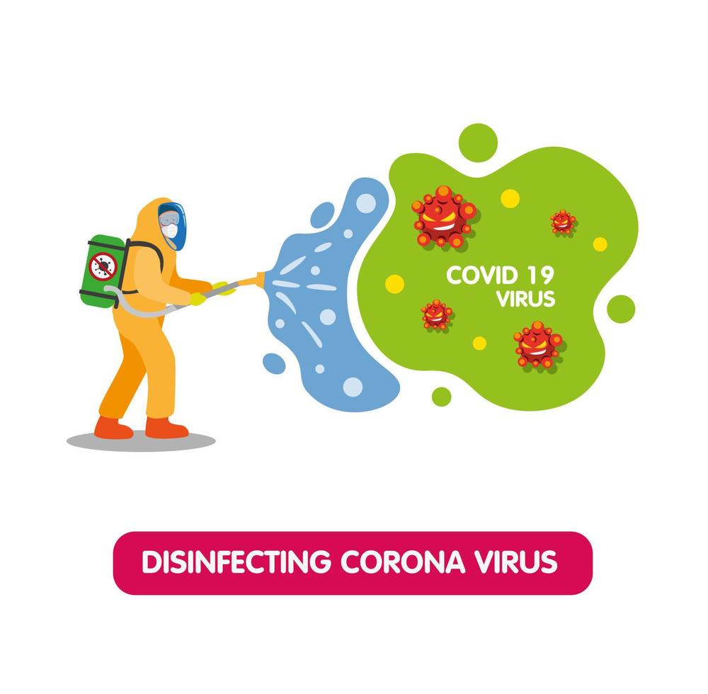 Medical scientist in hazmat suit disinfecting corona virus, prevention infection disease spread in flat illustration vector isolated in white background