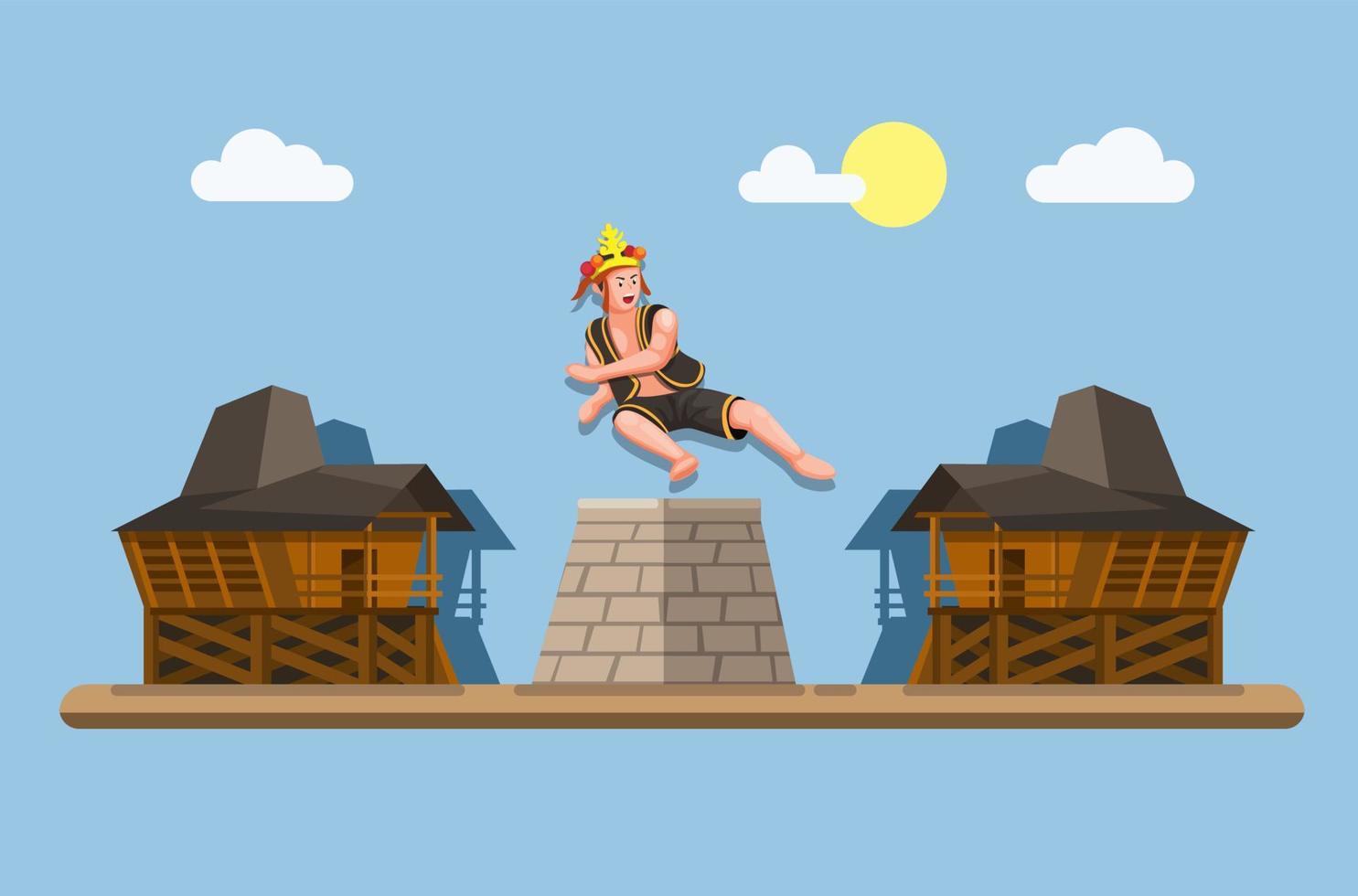 El salto de piedra u hombo batu era un ritual de virilidad para los niños en la isla de nias, indonesia. niño salta sobre una piedra de 6 pies para demostrar su concepto de hombría en vector de ilustración de dibujos animados