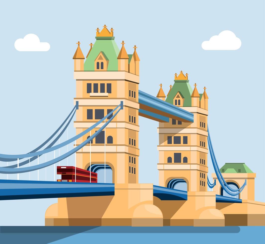 London Tower Bridge sobre el río Támesis. edificio emblemático en el concepto de ilustración de Reino Unido en vector de dibujos animados plana