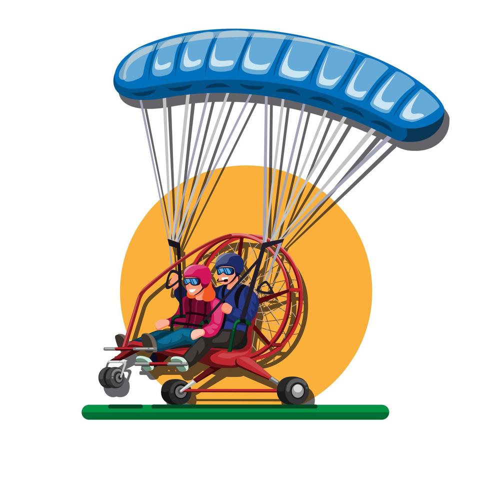Powered paragliding. pilot and passenger in parachute tandem paraglider concept in cartoon illustration vector isolated in white background